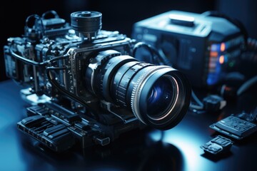 A close-up view of a camera placed on a table. This image can be used to depict photography, technology, or creative workspace.