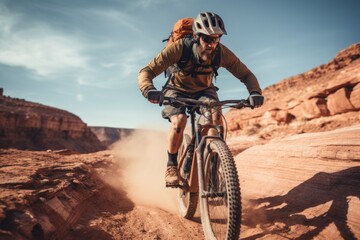 A man is riding a bike down a dirt road. This image can be used to depict outdoor activities, exercise, or leisurely bike rides in nature.