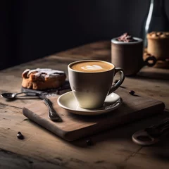 Papier Peint photo Lavable Bar a café cup of warm coffee and bread on the kitchen wooden table