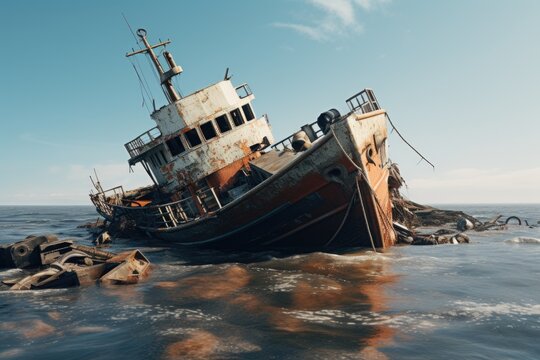 A rusted boat sits on top of a body of water. This image can be used to depict abandonment, decay, or the passage of time. It may also be suitable for themes related to nature, exploration, or adventu