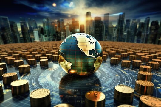 A picture of a globe surrounded by stacks of coins with a city in the background. This image represents the concept of global economy and financial success. It can be used to illustrate topics such as