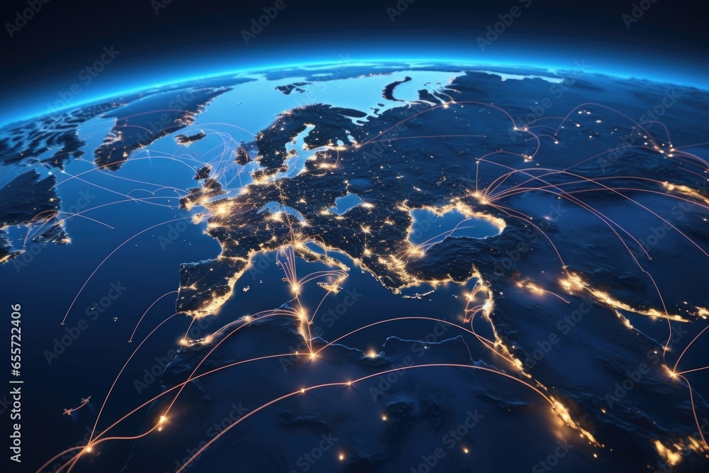 Aufkleber A captivating view of Europe illuminated at night as seen from space. Perfect for projects related to geography, astronomy, or global connectivity.