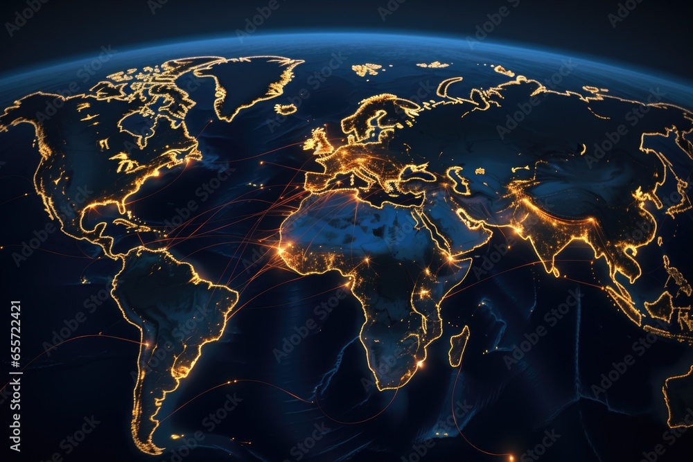 Poster a captivating image of a world map at night, illuminated by bright lights. this picture is perfect f