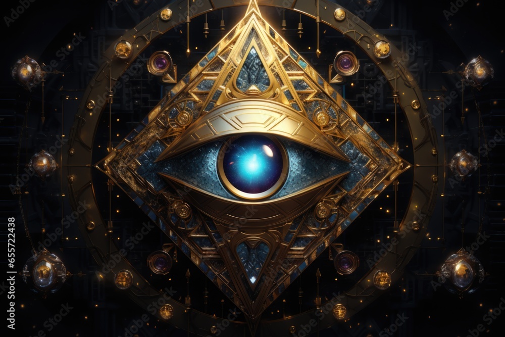 Poster a captivating image of a gold and blue eye adorned with exquisite jewels. this picture is perfect fo