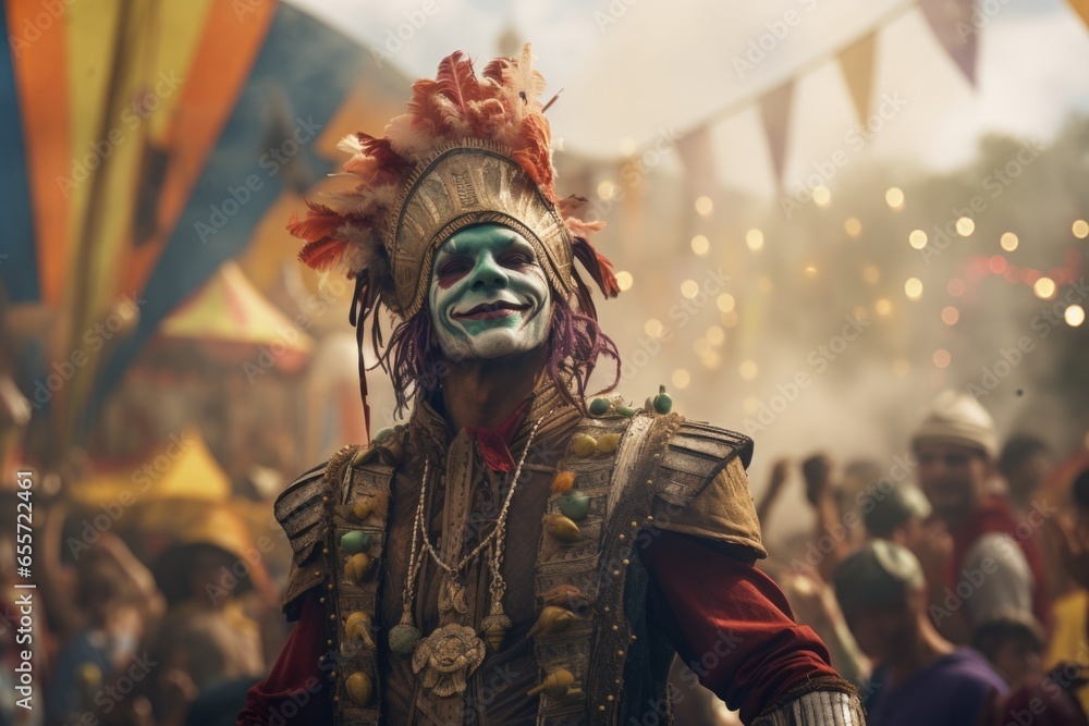 Poster a picture of a man wearing a costume with a mask and feathers. this image can be used for costume pa