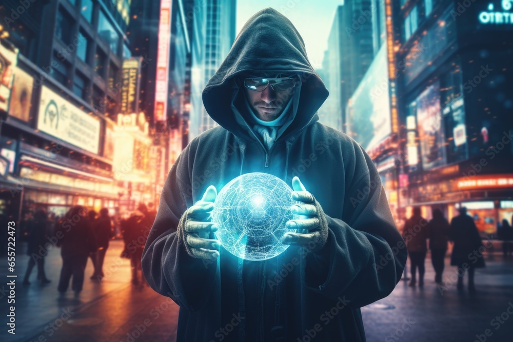 Poster a man wearing a hoodie is seen holding a glowing ball in his hand. this image can be used to depict 