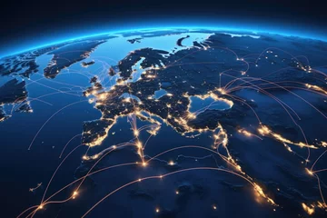 Fotobehang A captivating view of Europe illuminated at night as seen from space. Perfect for projects related to geography, astronomy, or global connectivity. © Fotograf