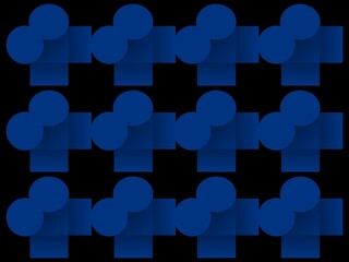 Ilustración de un arte abstracto con figuras geométricas de varios tamaño en un fondo negro.