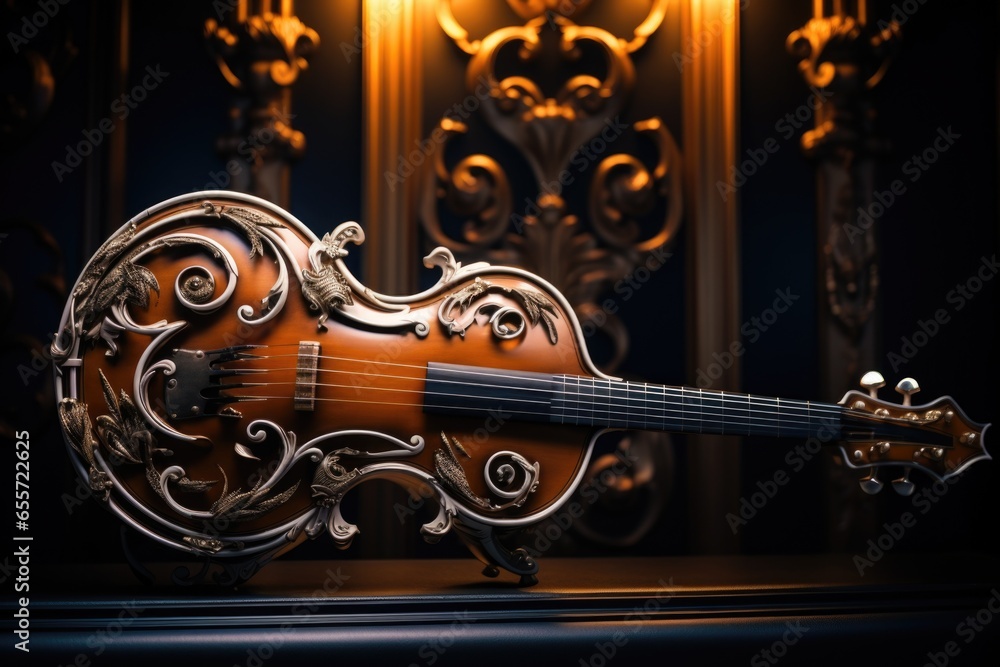 Poster A violin is placed on top of a table. This image can be used for various purposes, such as music-related articles, instrument reviews, or interior design concepts.