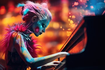 A woman with vibrant pink hair playing a piano. This image captures the joy and passion of music....