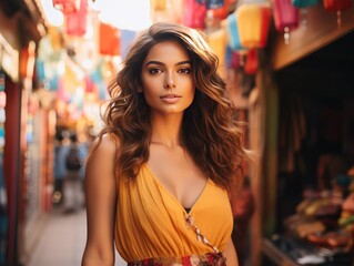 Vibrancy of Indian Fashion in Radiant Indian Girl Amidst Bustling Historic Market