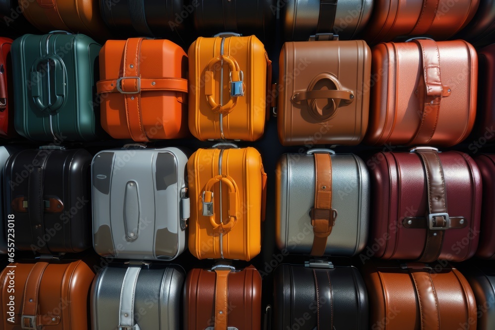 Poster A pile of various colored suitcases stacked on top of each other. This versatile image can be used to represent travel, vacation, moving, or storage concepts.