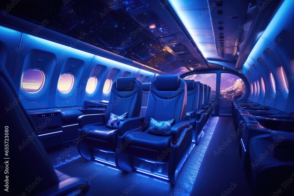 Poster a row of seats in an airplane illuminated by blue lights. perfect for travel and aviation-related pr