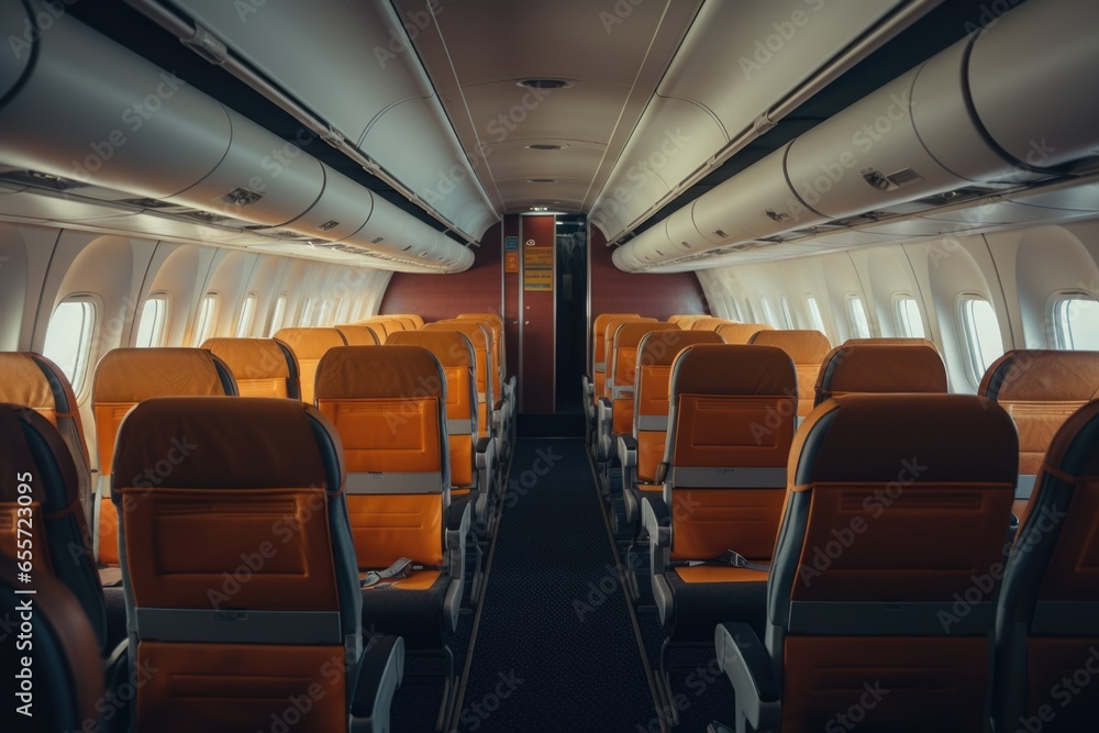 Poster A row of empty seats in an airplane. Suitable for travel-related designs and concepts.
