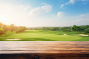 Empty wooden table with blurred golf course background. Table top product display showcase stage. Image ready for montage your text or product. 