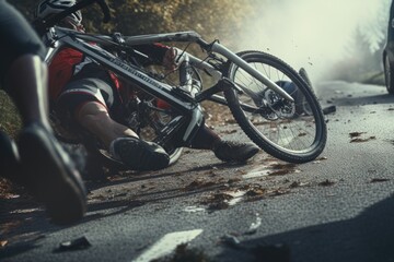 A man is seen laying on the ground next to a bike. This image can be used to depict a bicycle accident or injury. It can also be used to illustrate the concept of leisure activities or outdoor sports.
