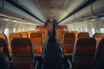 A row of empty seats in an airplane. Suitable for travel-related designs and concepts.