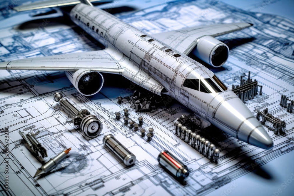 Poster A model airplane is depicted resting on top of a blueprint. This image can be used to illustrate concepts related to aviation, engineering, design, creativity, or hobbies.