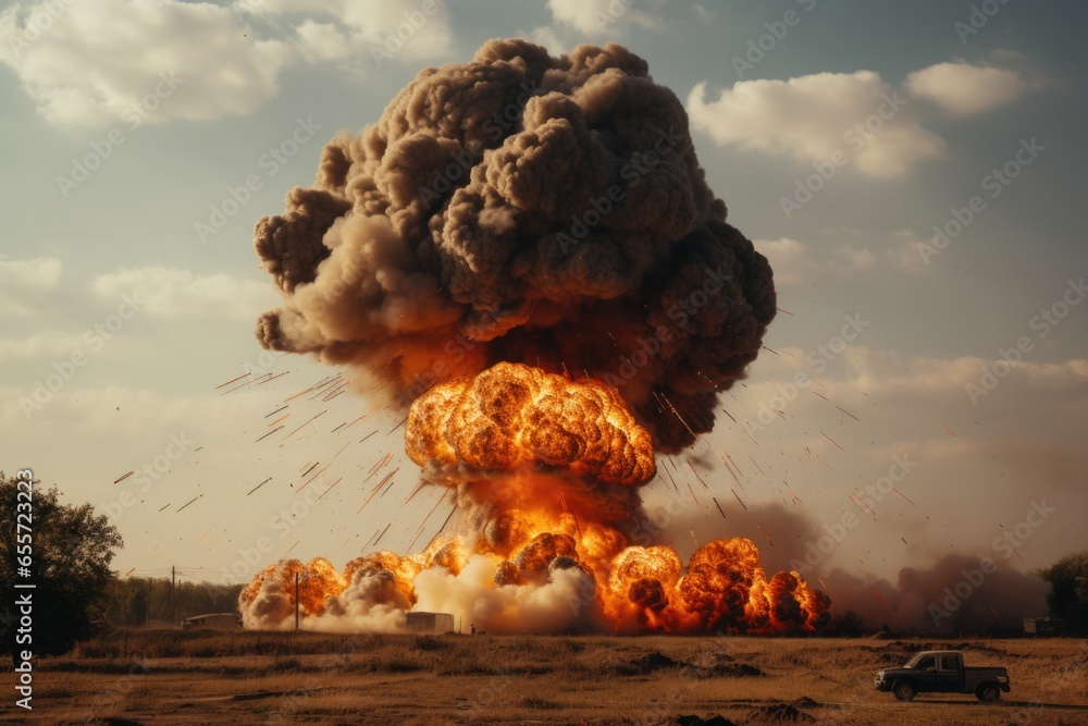Poster A powerful and dramatic image capturing a large explosion of smoke and fire in a field. This intense scene showcases the force and energy of the explosion. Perfect for illustrating danger, destruction