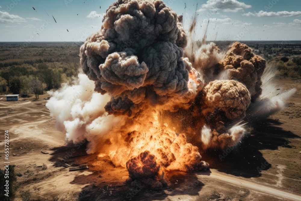 Poster A powerful explosion of smoke and fire occurring in a vast open field. This dramatic image captures the intensity and impact of the explosion. Perfect for illustrating concepts such as danger, destruc