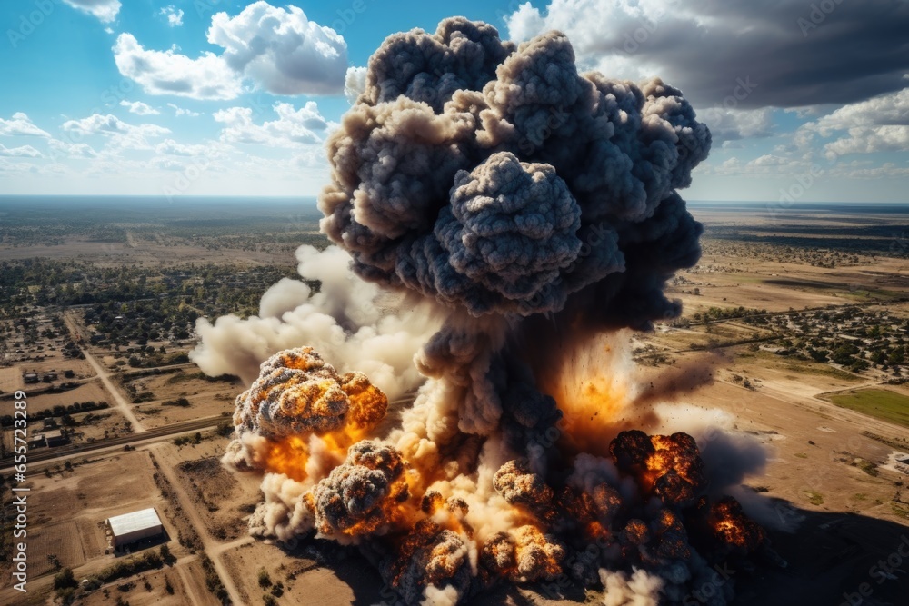 Poster A powerful and dramatic explosion of smoke and fire captured in the air. Perfect for illustrating intense action scenes or adding excitement to visual projects.