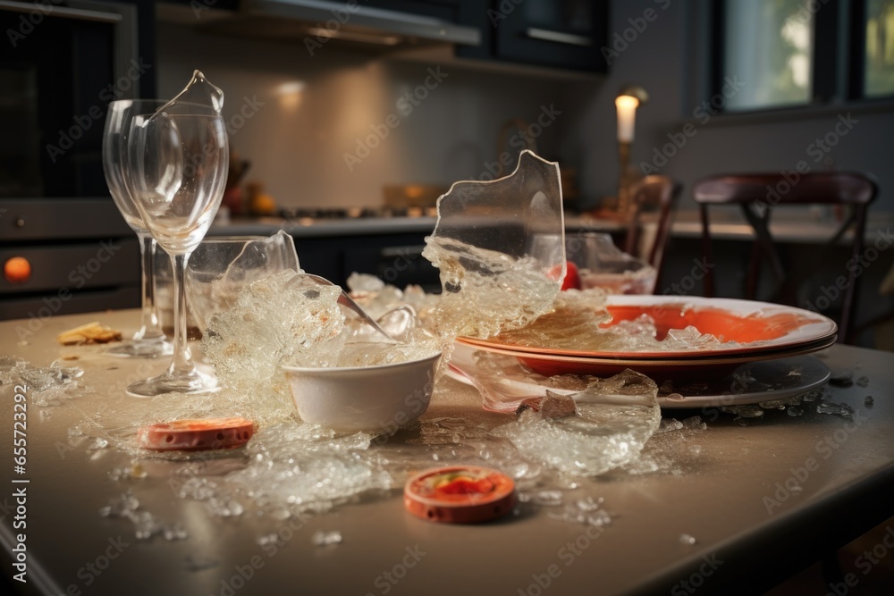 Poster a table set with a plate of food and wine glasses. perfect for showcasing a delicious meal or creati