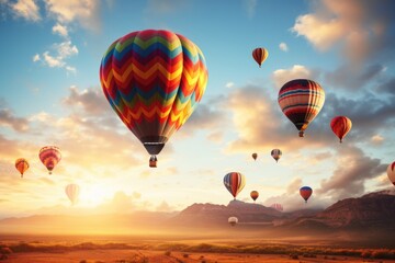 Fototapeta premium A captivating image of a group of hot air balloons soaring through the sky. Perfect for travel brochures, adventure websites, or promoting outdoor activities.
