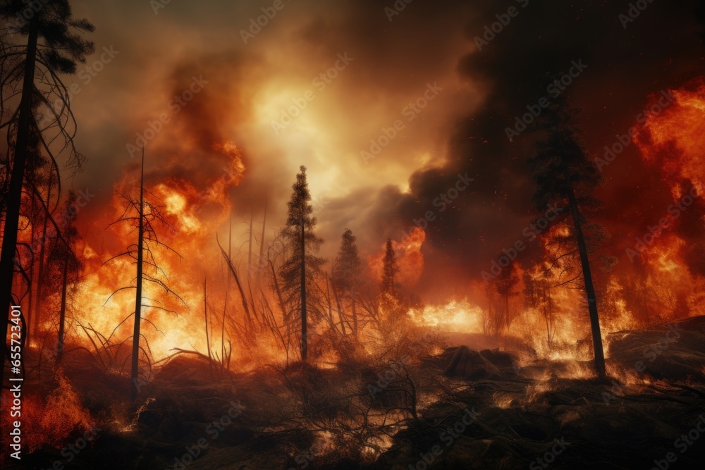 Poster a raging forest fire illuminates the night sky. this image can be used to depict the destructive for