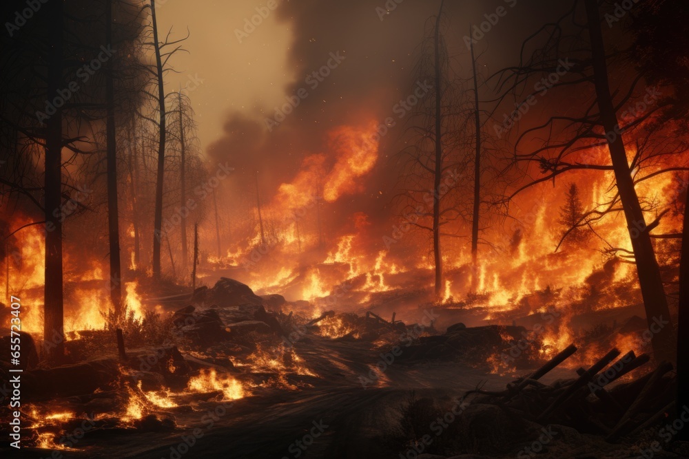 Aufkleber a raging fire engulfs a dense forest, threatening the trees and wildlife. this image captures the in