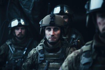 A group of soldiers standing next to each other. This image can be used to depict camaraderie, teamwork, military service, or a military-themed event.