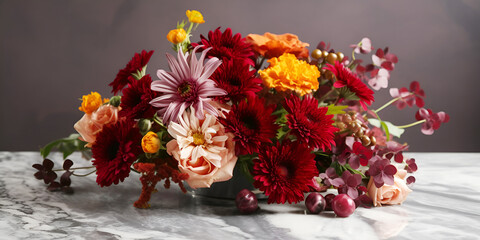 Bright lush bouquet in a female hand on a burgundy background