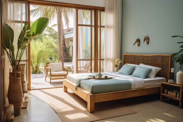 A tranquil bedroom designed according to the South - East Vastu Dosh remedies, pale blue walls...