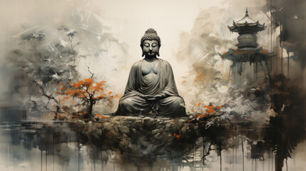 Buddha sitting in harmony traditional Chinese Painting - obrazy, fototapety, plakaty