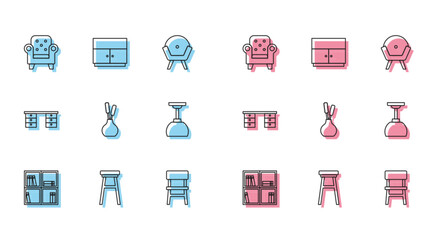 Set line Shelf with books, Chair, Armchair, Vase, Lamp hanging, Office desk and Wardrobe icon. Vector