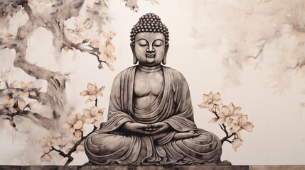Buddha sitting in harmony traditional Chinese Painting