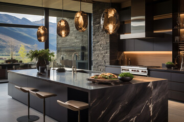 designer kitchen with basalt countertops, backsplash, and island