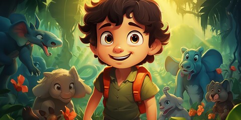 Adventurous Cartoon Kid Exploring a Jungle With Friendly Animal Companions