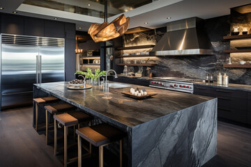 designer kitchen with basalt countertops, backsplash, and island
