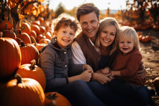 Happy family with children harvesting pumpkins on a pumpkin patch farm, pick them up from the field before the fall holidays.