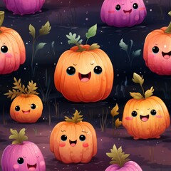 Beaming Cartoon-Style Pumpkins Illustrated in Clip Studio Paint for Children's Book with Watercolor and Light Pink Colors