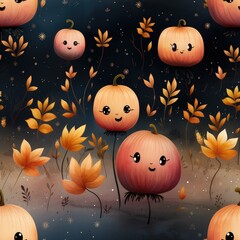 Beaming Cartoon-Style Pumpkins Illustrated in Clip Studio Paint for Children's Book with Watercolor and Light Pink Colors