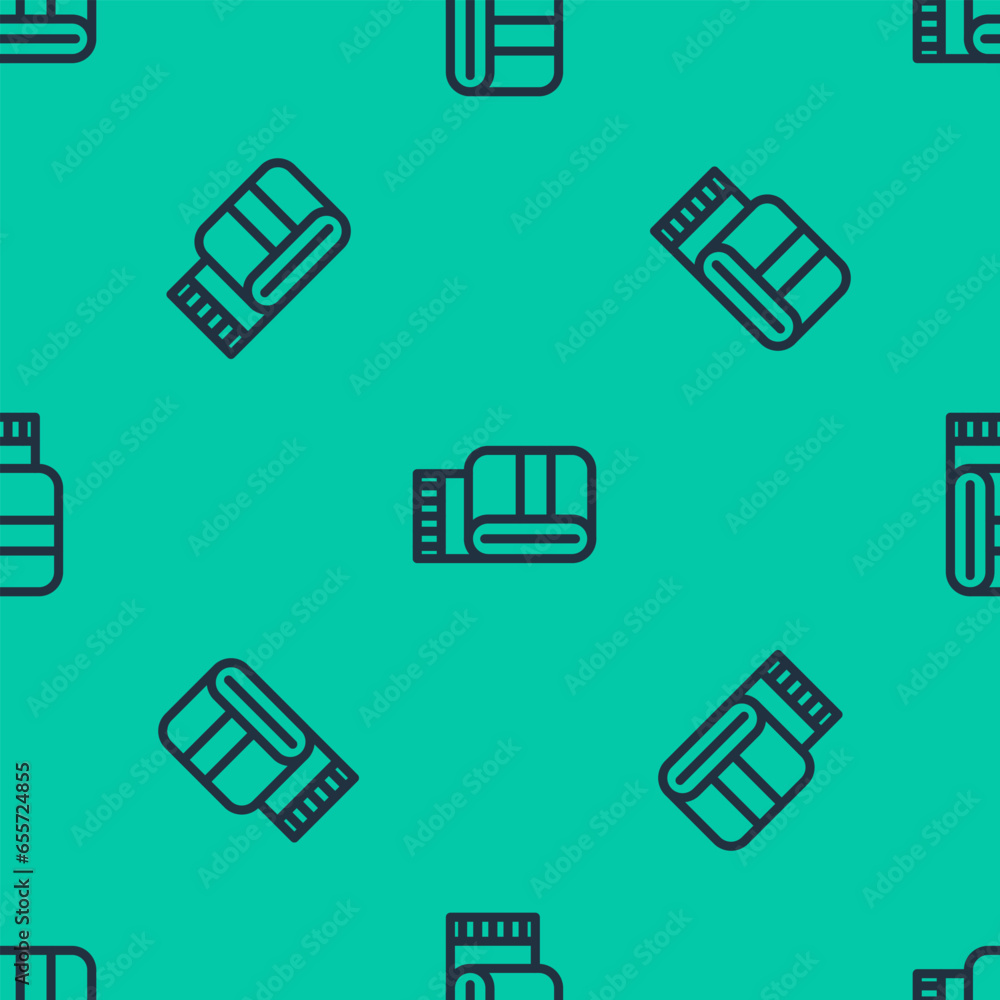Poster blue line towel stack icon isolated seamless pattern on green background. vector