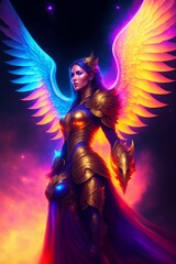 fairy with magic wand This is a very highly detailed epic photo of a white female angel with big wings, a beautiful face, and a symmetrical, muscular body wearing a dragon armor with wings .