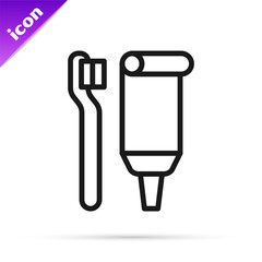 Black line Toothbrush and tube of toothpaste icon isolated on white background. Disposable bathroom supplies. Vector