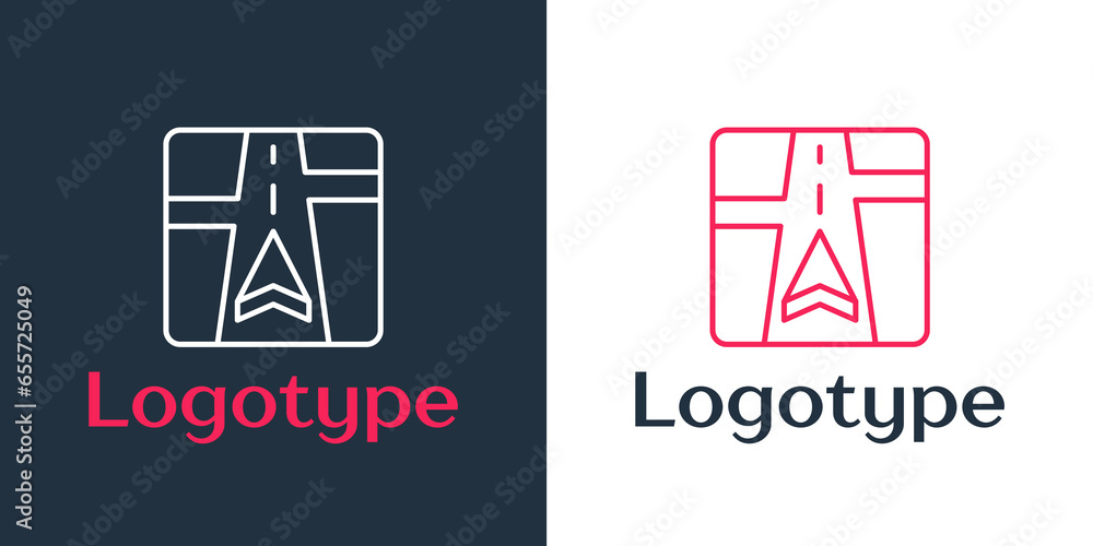Poster logotype line gps device with map icon isolated on white background. logo design template element. v