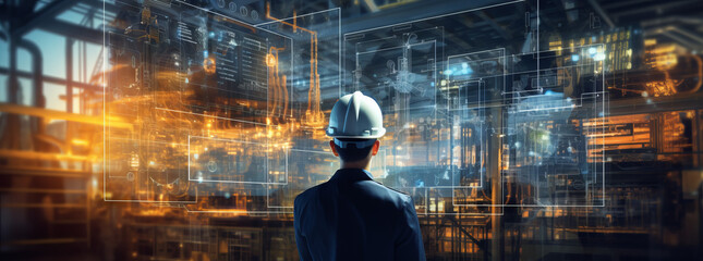 The future of industrial infrastructure - Industrial engineers using tablet computer and blueprints checking and analysis data of power plant station project on network background - obrazy, fototapety, plakaty