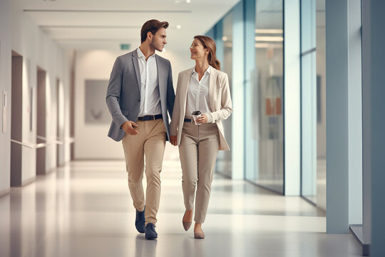 Full Length Of Two Business Colleagues In Smart Casual Clothes Talking While Walking Through The Office Corridor.