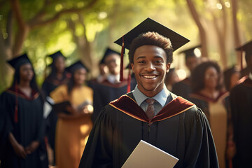 Portrait of happy African American male student in graduation gowns holding diploma with his college colleagues standing in the background. - obrazy, fototapety, plakaty