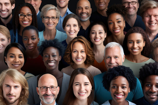 Portrait of successful multiethnic group of business people looking at camera. Happy multi cultural and multi aged generation people smiling.