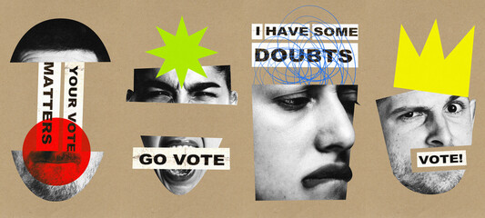 Poster. Contemporary at collage. Cropped monochrome faces with inscriptions about beginning...